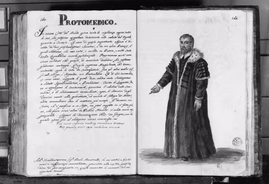 Black and white photo of the pages in the original manuscript, with the watercolour on the right-hand page, and the handwritten text on the left.