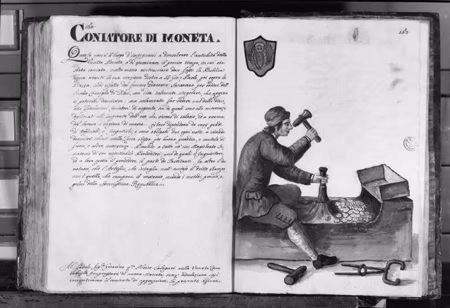 Black and white photo of the pages in the original manuscript, with the watercolour on the right-hand page, and the handwritten text on the left.