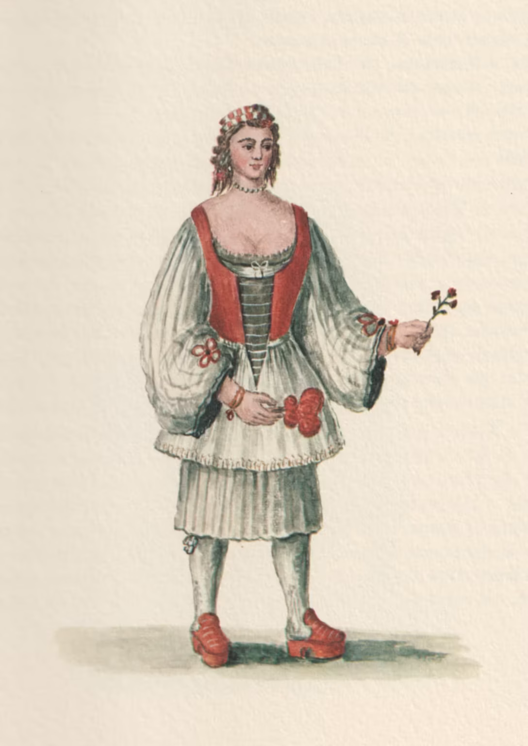 This painting depicts a young woman, probably from the early 1700s, selling flowers on the streets. She wears an unusual assortment of dresses, which might be handed-down or second-hand clothes, and the tall clogs often used by Venetian women, the calcagnette.