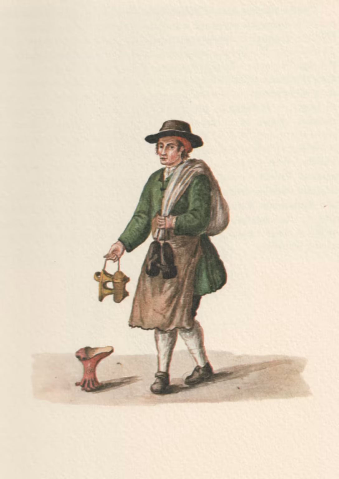 A watercolour of a man, carrying several pairs of tall clogs (the calcagnette) in his hands. A particular tall pair is standing on the ground. He wears a green jacket, breeches and white stockings, and flat hat with a wide brim.