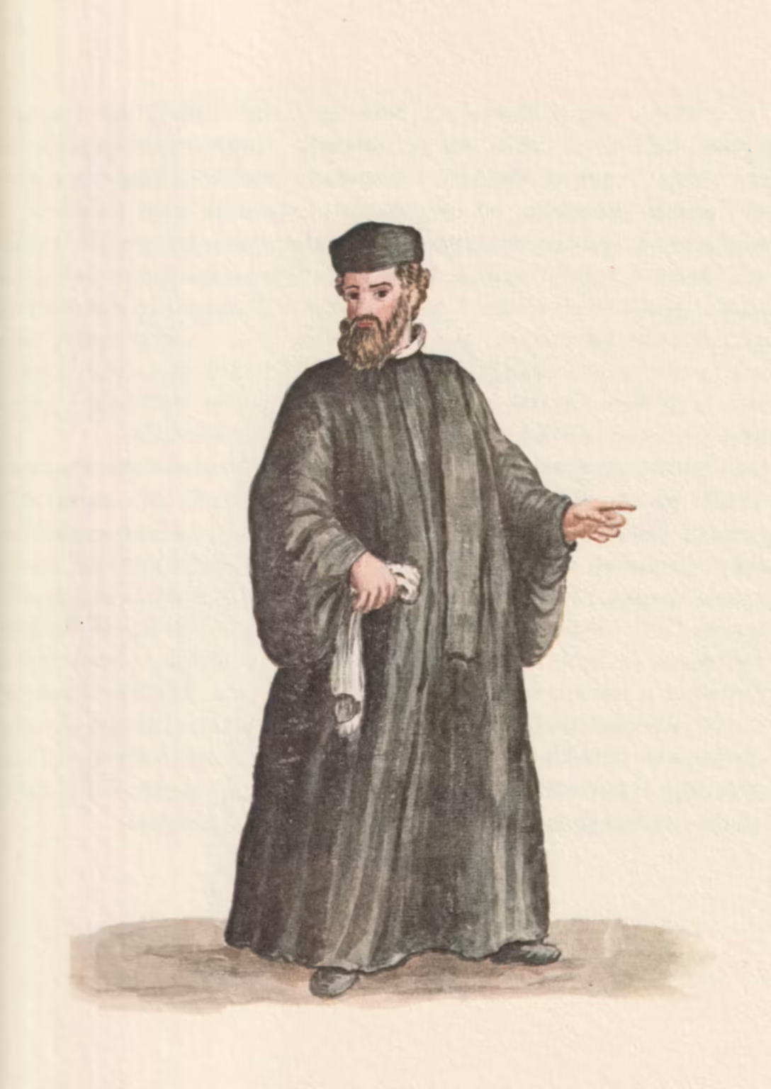 Watercolour of a man dressed in a long black robe, with a black cap and a stole across his left shoulder.