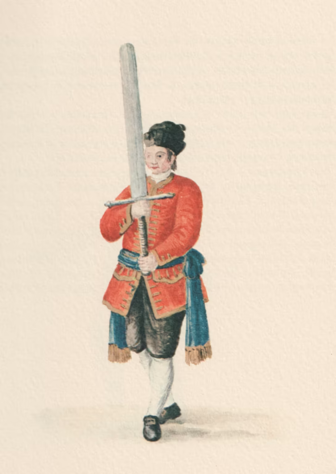 A watercolour of a man carrying a two-handed sward up-right, as in procession. He's wearing a red jacket with a green scarf around his waist, a black cap, black breeches and white socks.