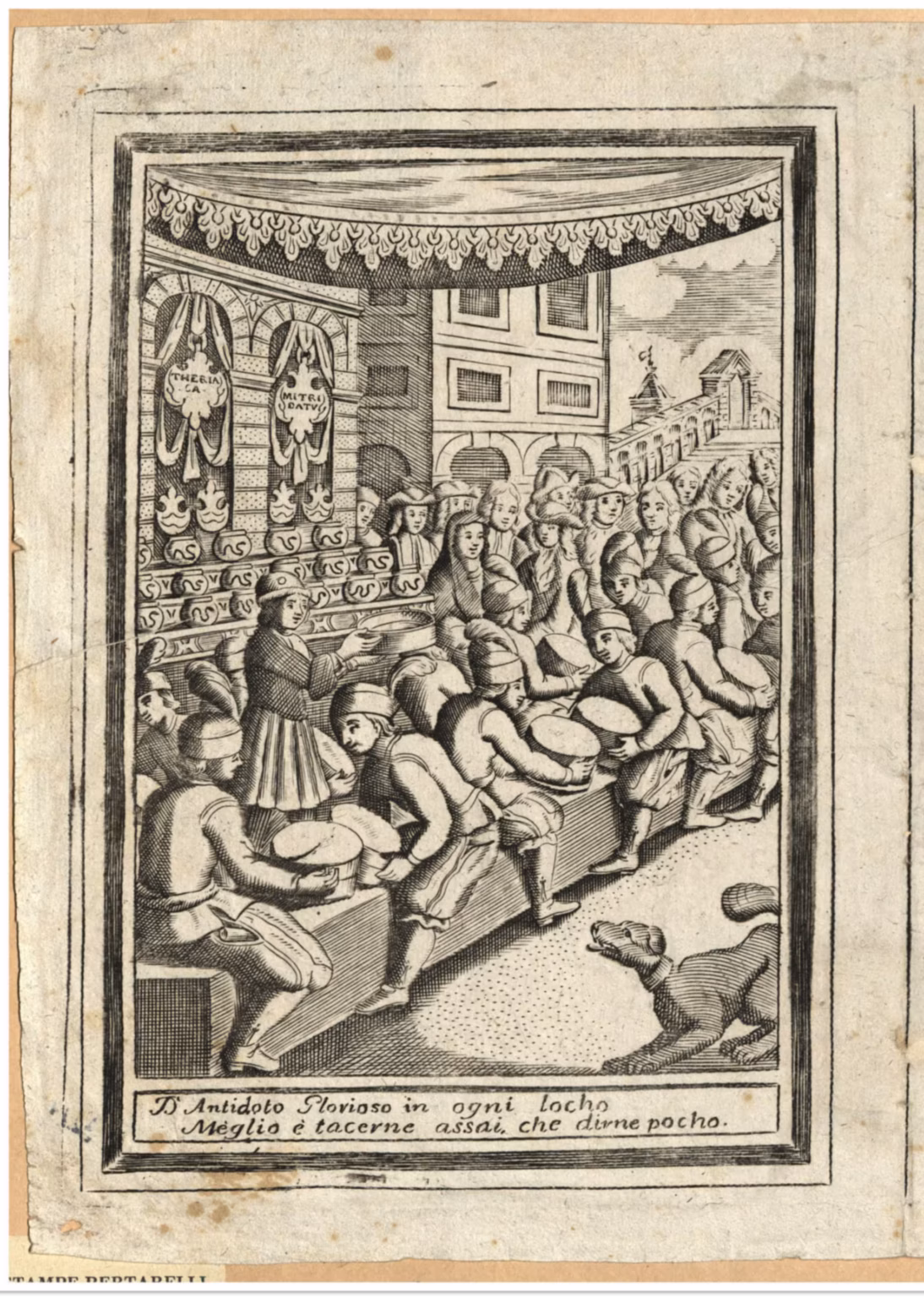 A monochrome print with workers sitting astride a long bench, with large sieves in their hands. Behind them, shelves with jars, each with an image of a viper. Behind the shelves, two signs with the words Theriaca and Mitridatu. In the background, a crown of onlookers, and behind them, the Rialto Bridge.