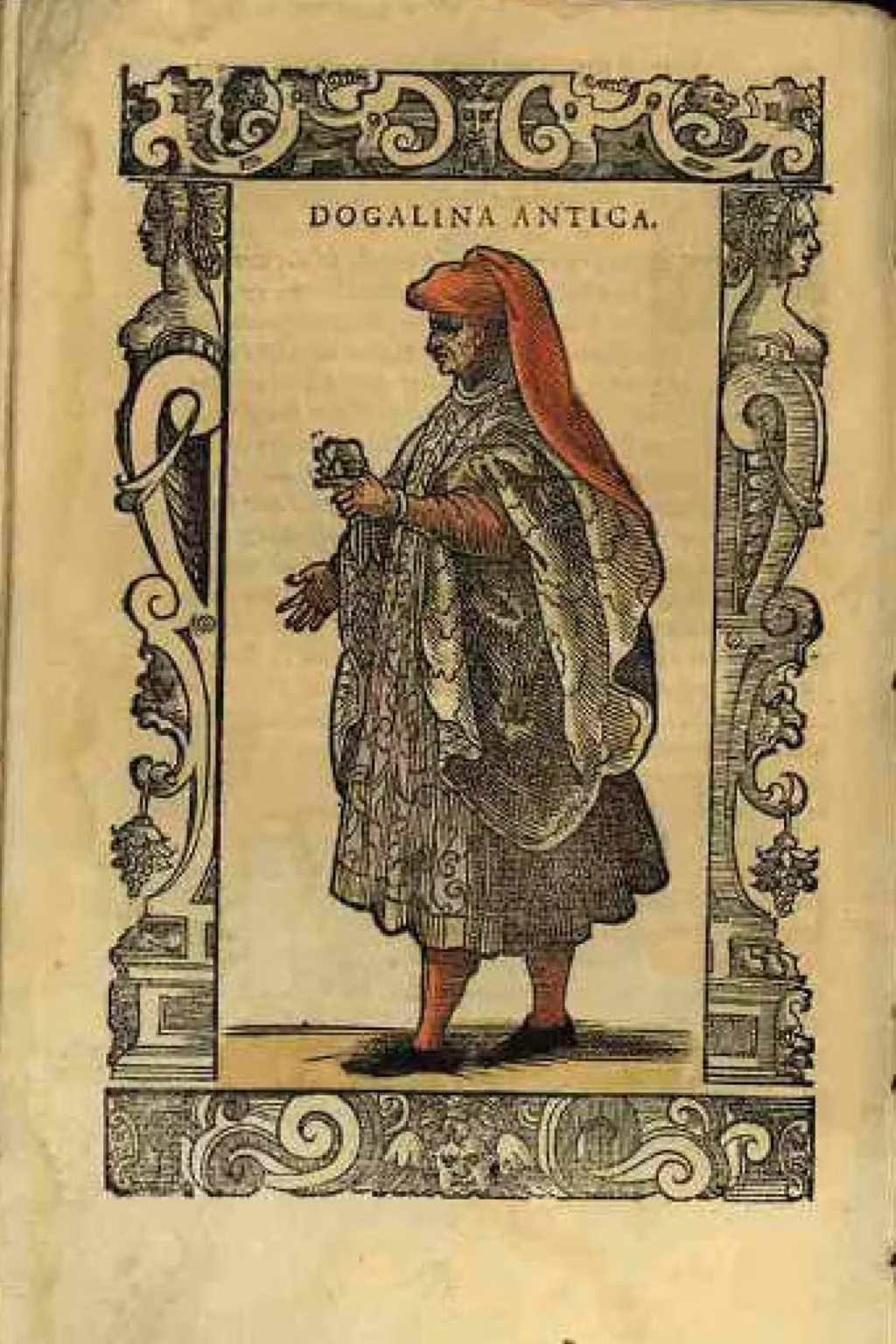 Coloured print of a man wearing a knee-long robe with so wide sleeves they have to be attached to the shoulder to not fall on the floor. He also wears a band of red cloth wrapped around his head, with an end hanging down on his shoulder.