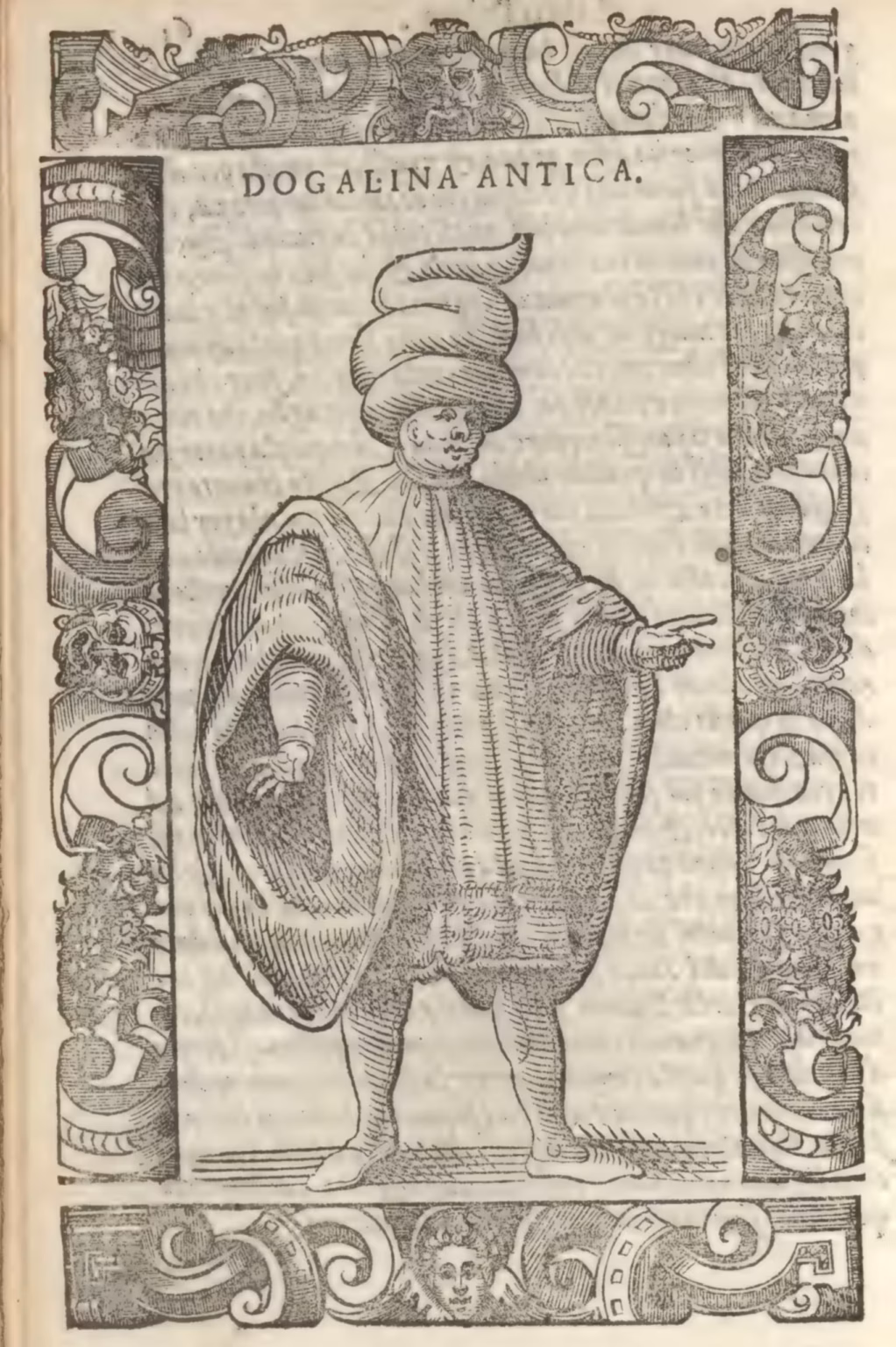 Monochrome print of a man wearing a knee-long robe with so wide sleeves they have to be attached to the shoulder to not fall on the floor. He also wears a very odd hat, which looks somewhat like a dog-poo.