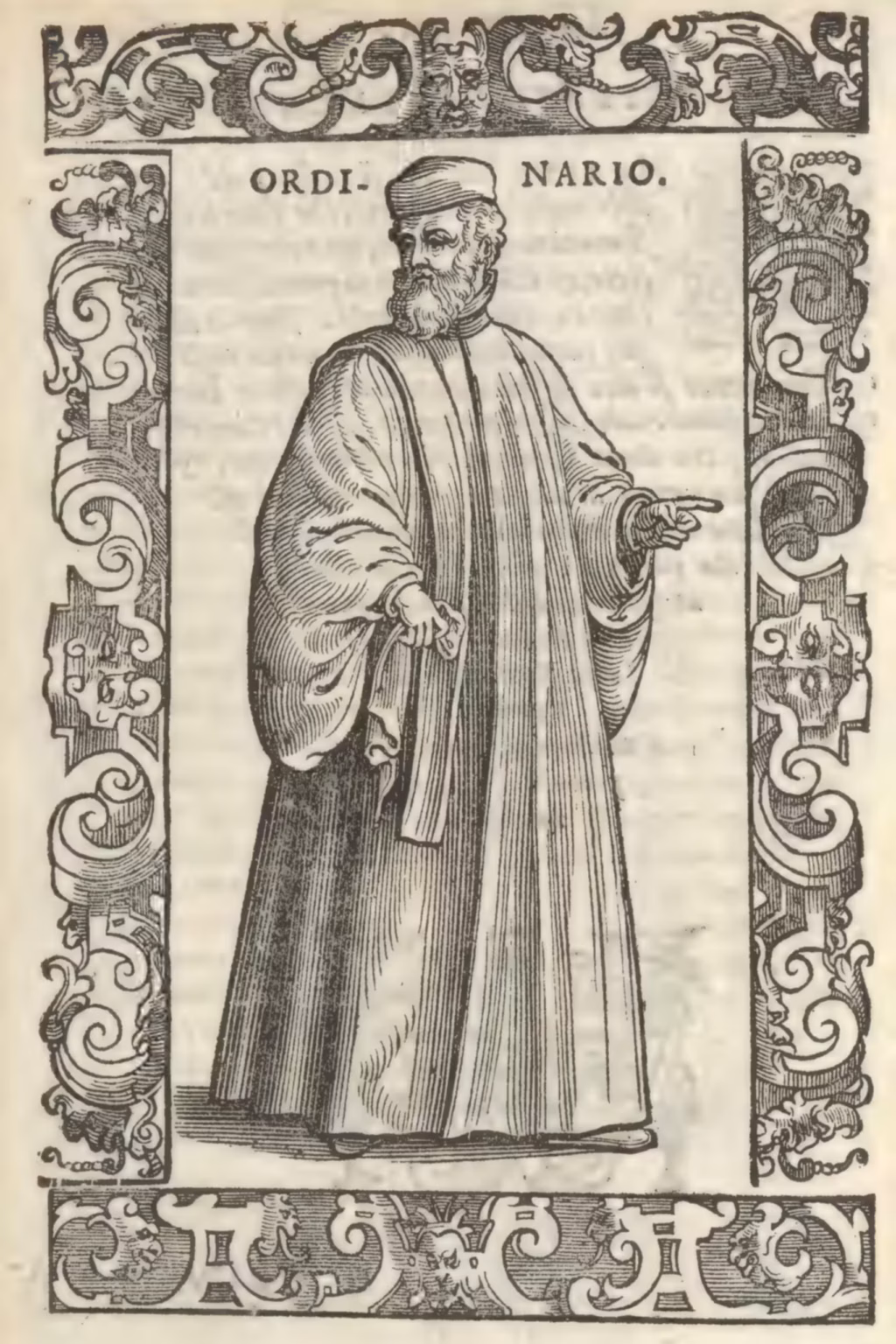 A monochrome print of a man in a long robe, with a stole across his left shoulder. On his head, he wears a small round cap.