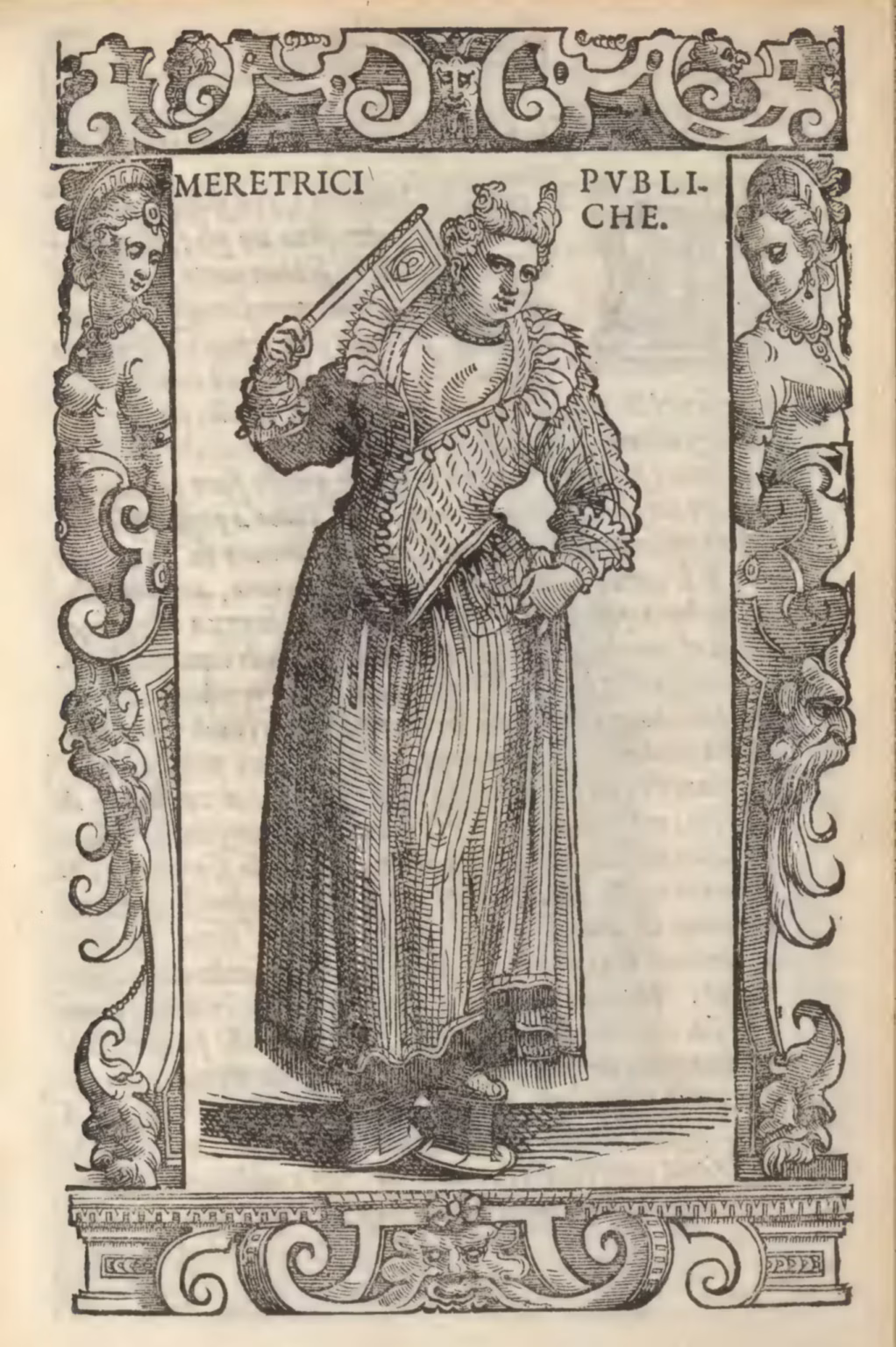 A monochrome print of a woman wearing a long dress. Her hair is set in a crescent moon shape, which looks a bit like horns. She's holding a flag-like fan in her right hand, up to her face, while her left hitches up her skirt, so so her tall clogs show. The dress is long, to her feet, but still reveals the outline of her legs, and the shape of her body. There's a decorative frame around the figure, with masks and statues.