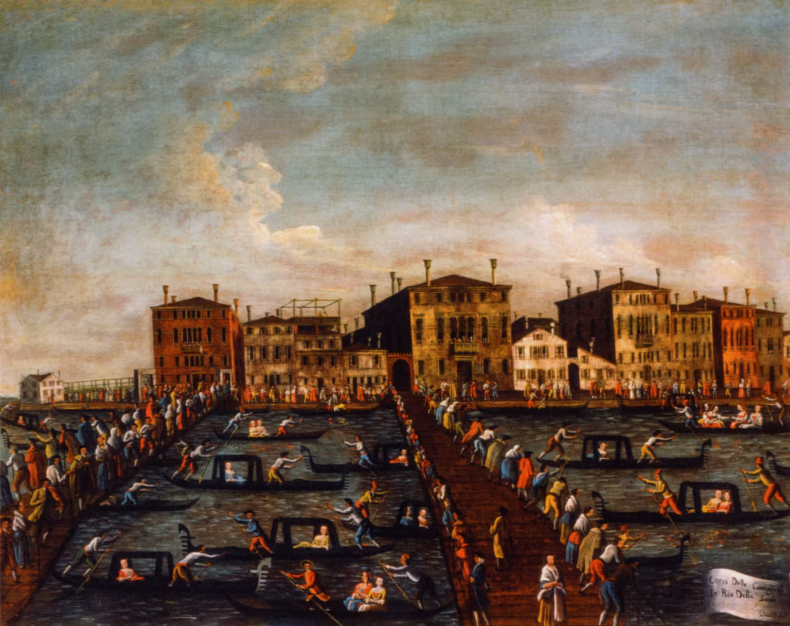 Oil painting for a boat race. In the foreground, a wide canal, crossed by two bridges, lines with spectators. On the other side of the canal, a line of multi-story houses. On the canal, numerous gondolas, each rowed by two men, with a central cabin, where one or two women sit.