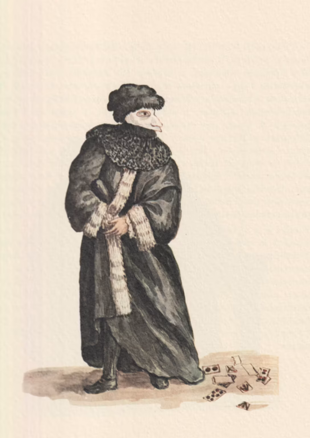 Watercolour of a masked man, mostly dressed in black. His face is covered by the bauta mask, and he's wearing a hood, which extends over his shoulders. The dress is the Venetian vesta or toga, a long kimono-like dress, lined with fur for winter usage. There are some playing cards scattered at his feet.