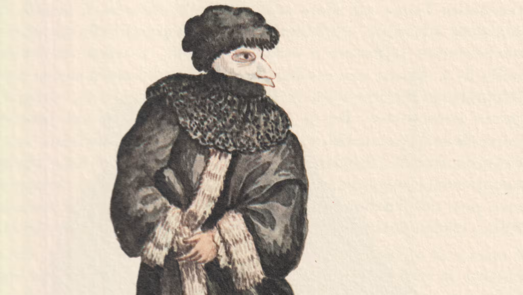 Watercolour of a masked man, mostly dressed in black. His face is covered by the bauta mask, and he's wearing a hood, which extends over his shoulders. The dress is the Venetian vesta or toga, a long kimono-like dress, lined with fur for winter usage. There are some playing cards scattered at his feet.
