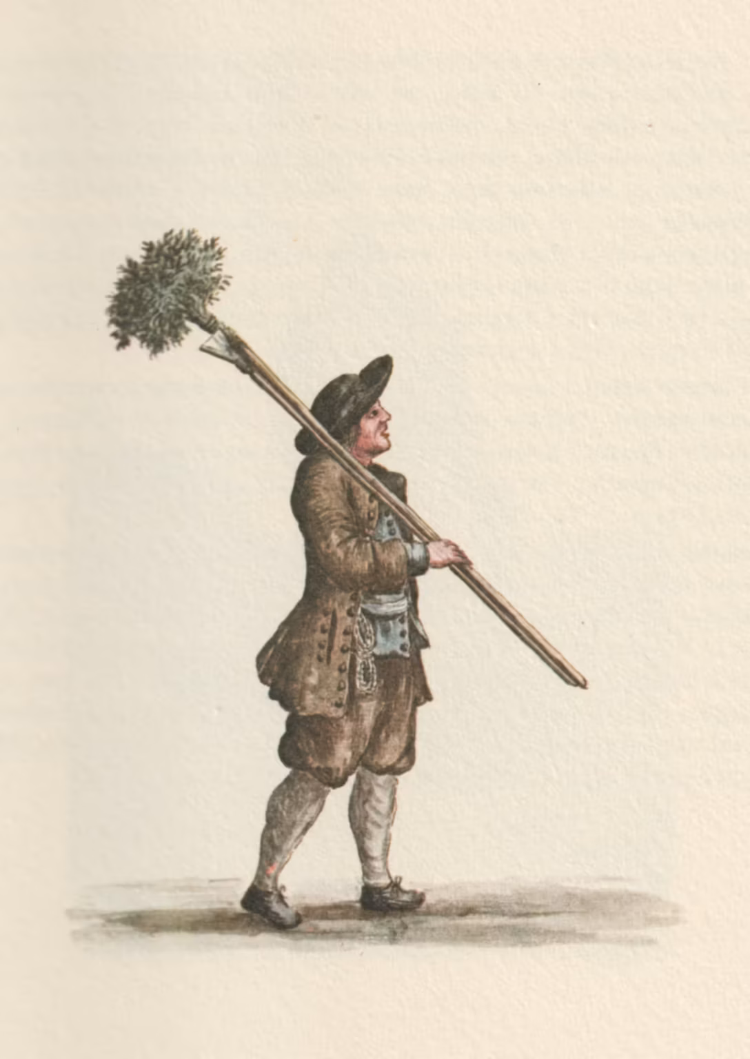 A watercolour of a man, seen from the side, with a large brush and another tool, both on long sticks, carried over his shoulder. He wears a green coat and breeches, a green waistcoat, black hat, grey socks and black shoes. A thin robe, in a hank, hangs from his belt.