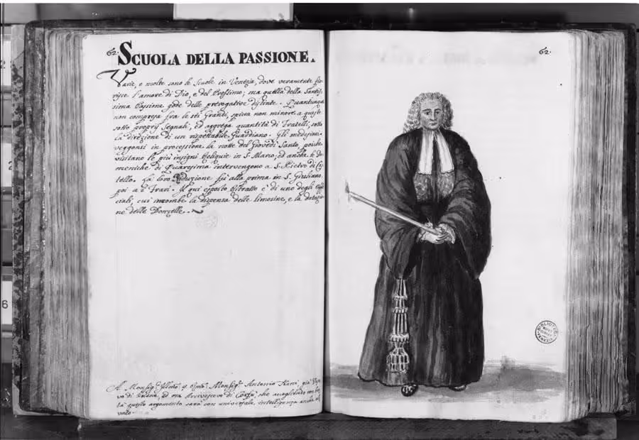 Black and white photo of the pages in the original manuscript, with the watercolour on the right-hand page, and the handwritten text on the left.