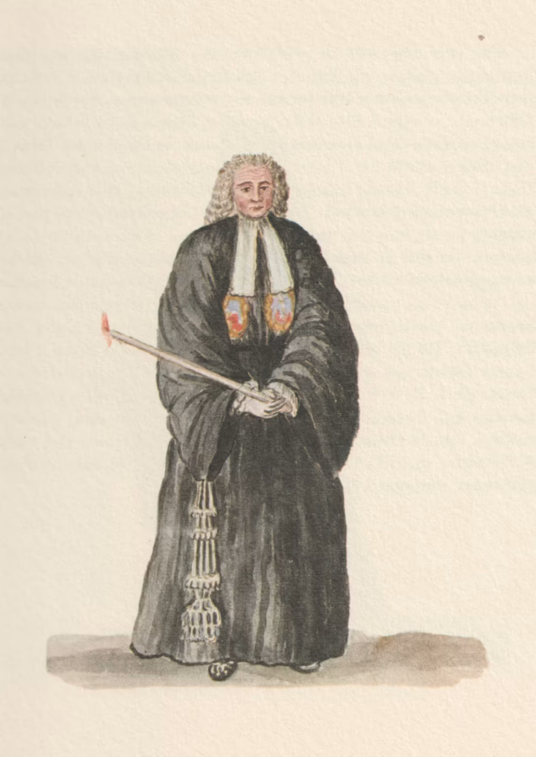 A watercolour of a man, dress in a long black robe with wide sleeves and a short stole around his neck. He holds a very long lit candle in his hands.