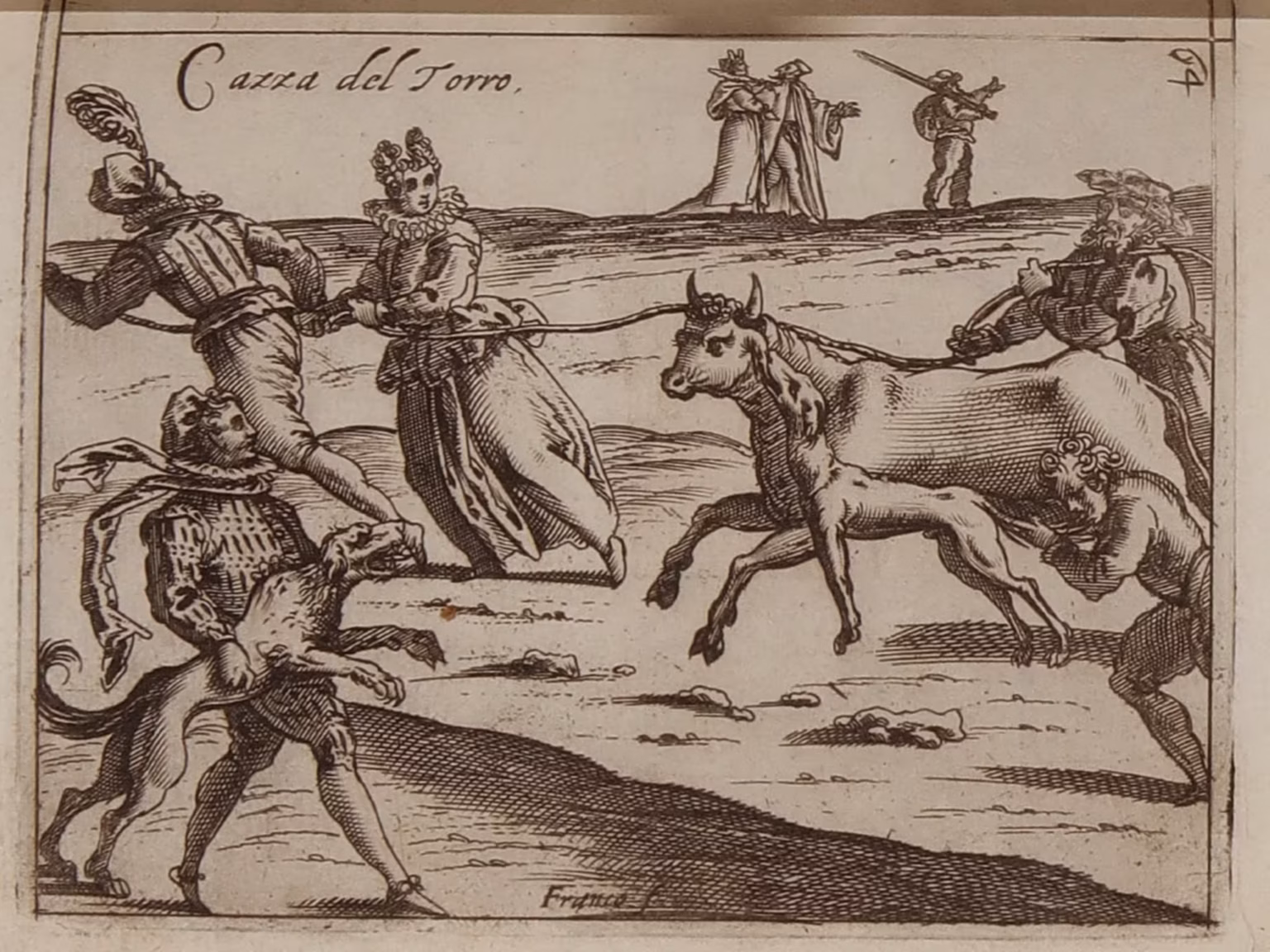 A monochrome print with people running with bulls during carnival. In the middle ground, a well-dressed man and a woman, both holding a rope tied to the bull's horns, running in front of it. A man behind the bull holds another rope, while a fourth man tries to restrain a dog which, jumping, bites the bull's ear. In the foreground, another well-dressed man holds back a furious dog. In the far background, on the horizon, three carnival figures.