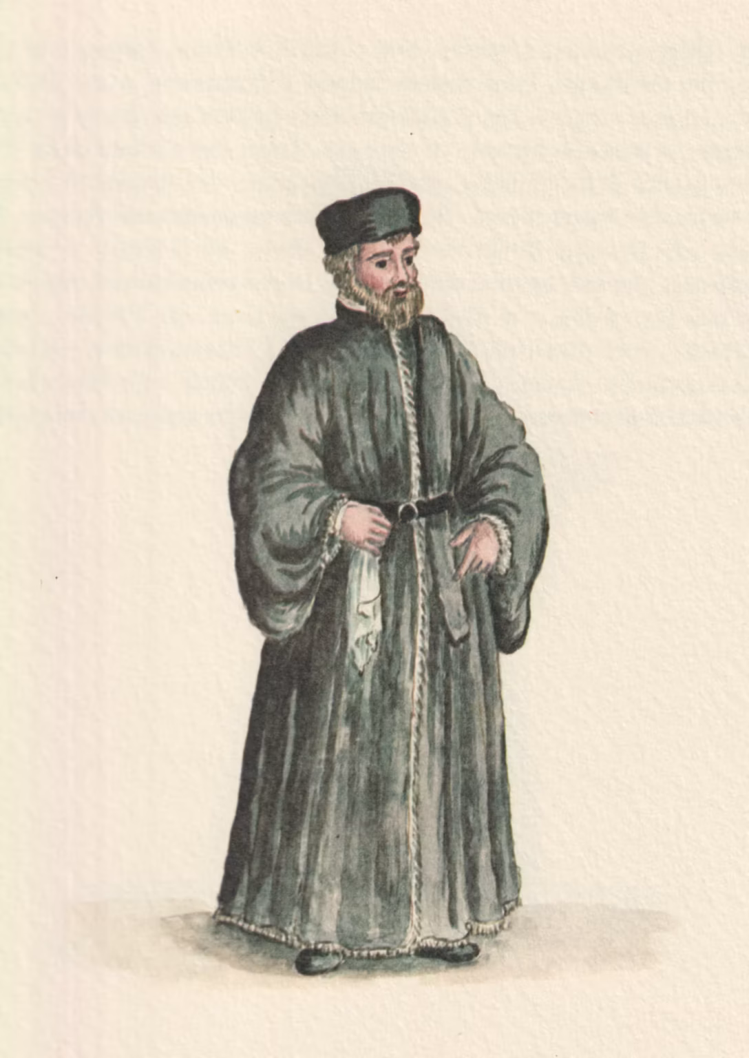 Watercolour of a man dressed in a long black robe, with a black cap and a stole across his left shoulder.