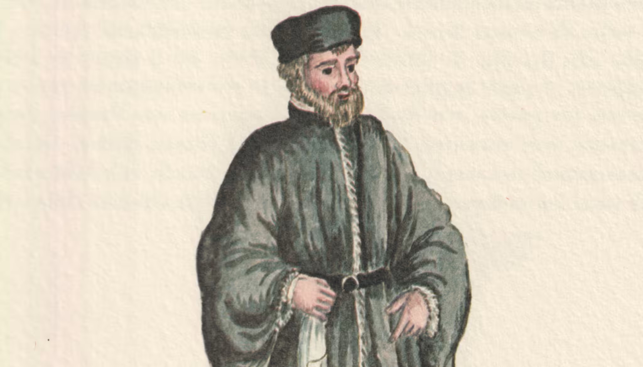 Watercolour of a man dressed in a long black robe, with a black cap and a stole across his left shoulder.