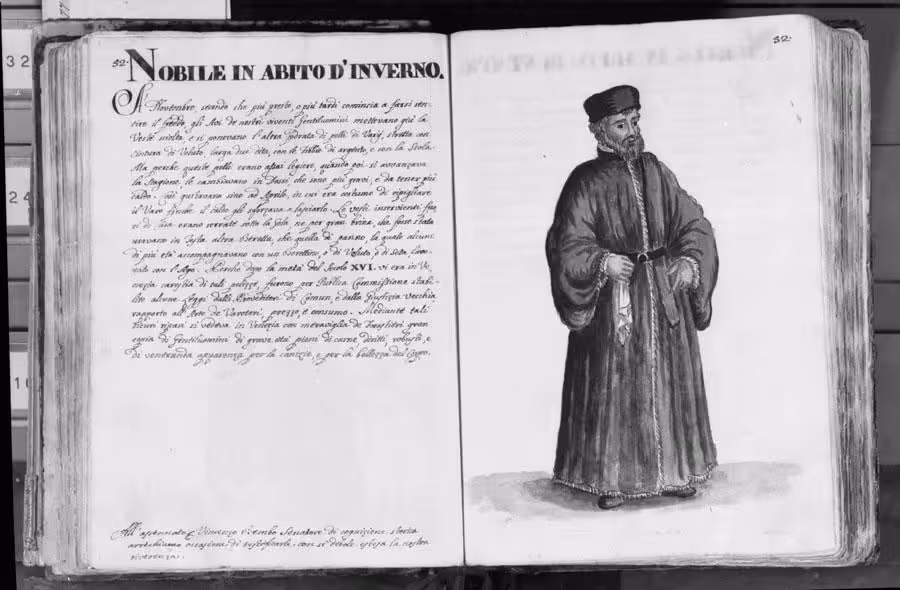 Black and white photo of the pages in the original manuscript, with the watercolour on the right-hand page, and the handwritten text on the left.