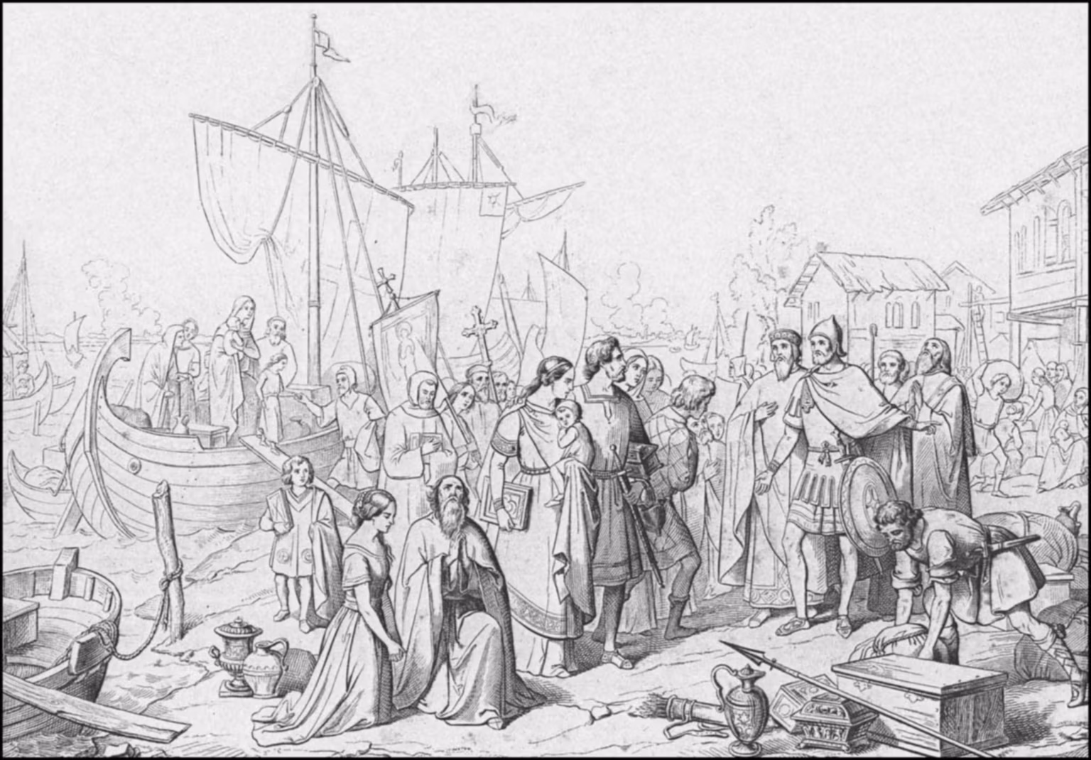 Drawing of a group of people in medieval dress, disembarking from some ships in the left background, and being received by an official looking group of three or four men on the right. In the right background some wooden houses, and on the ground various chests, vases, arms and other objects.