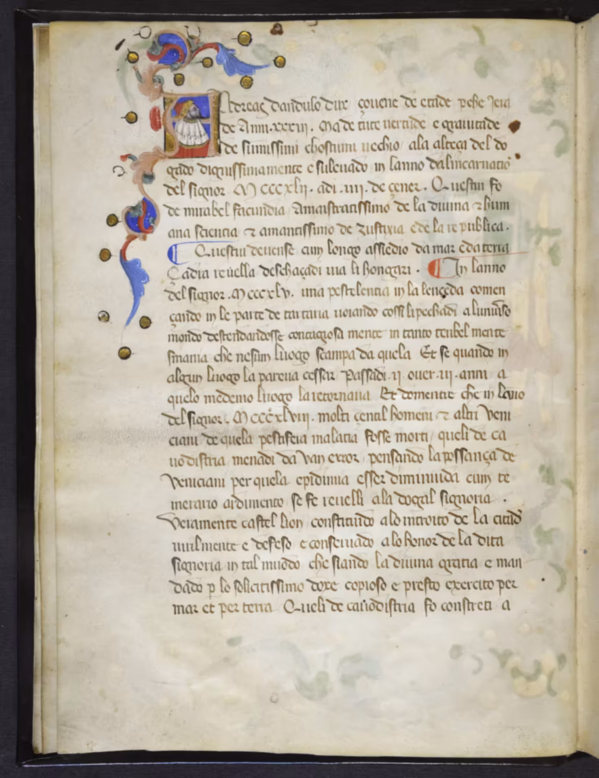 A page of a manuscript from the late 1300s, with a very elaborate floral initial A, inside which is a small portrait of Andrea Dandolo dressed as doge.