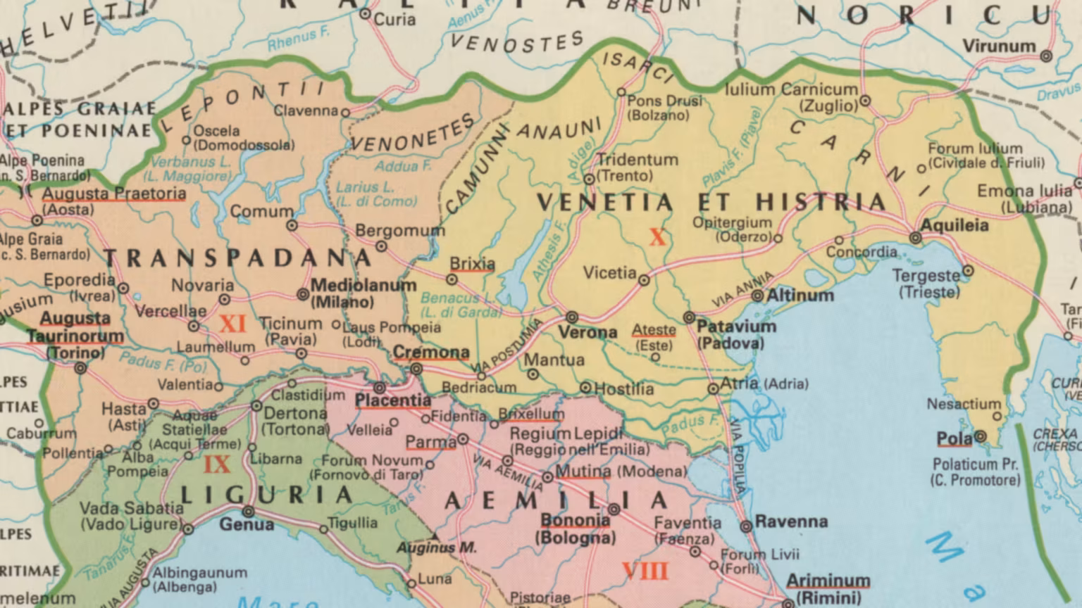 A part of a coloured political map of northern Italy in Roman times, with Venetia et Histria clearly marked in yellow.