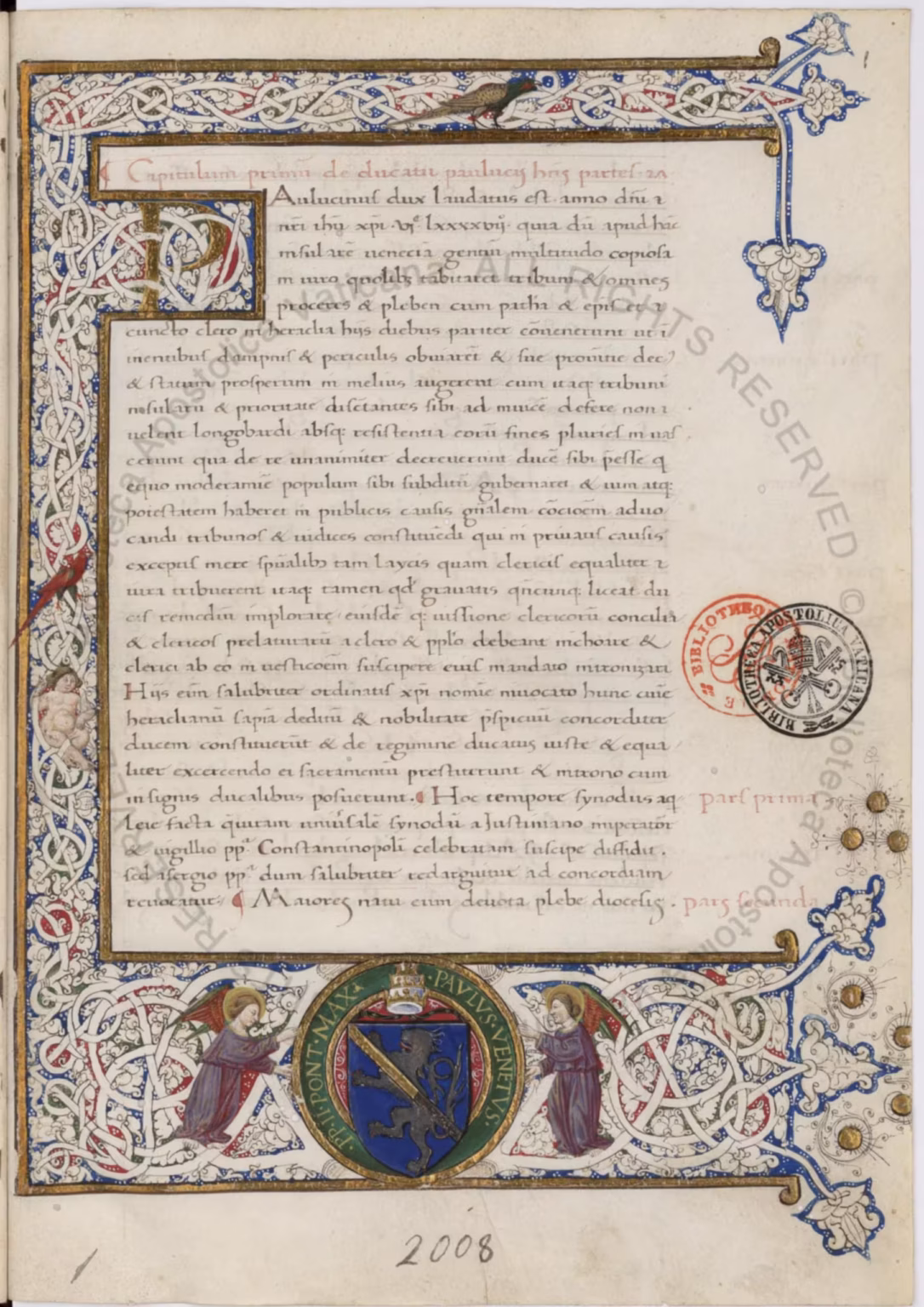 A richly decorated page of a medieval manuscript, with a large E surrounding the entire page, with the first initial in the middle bar of the E.