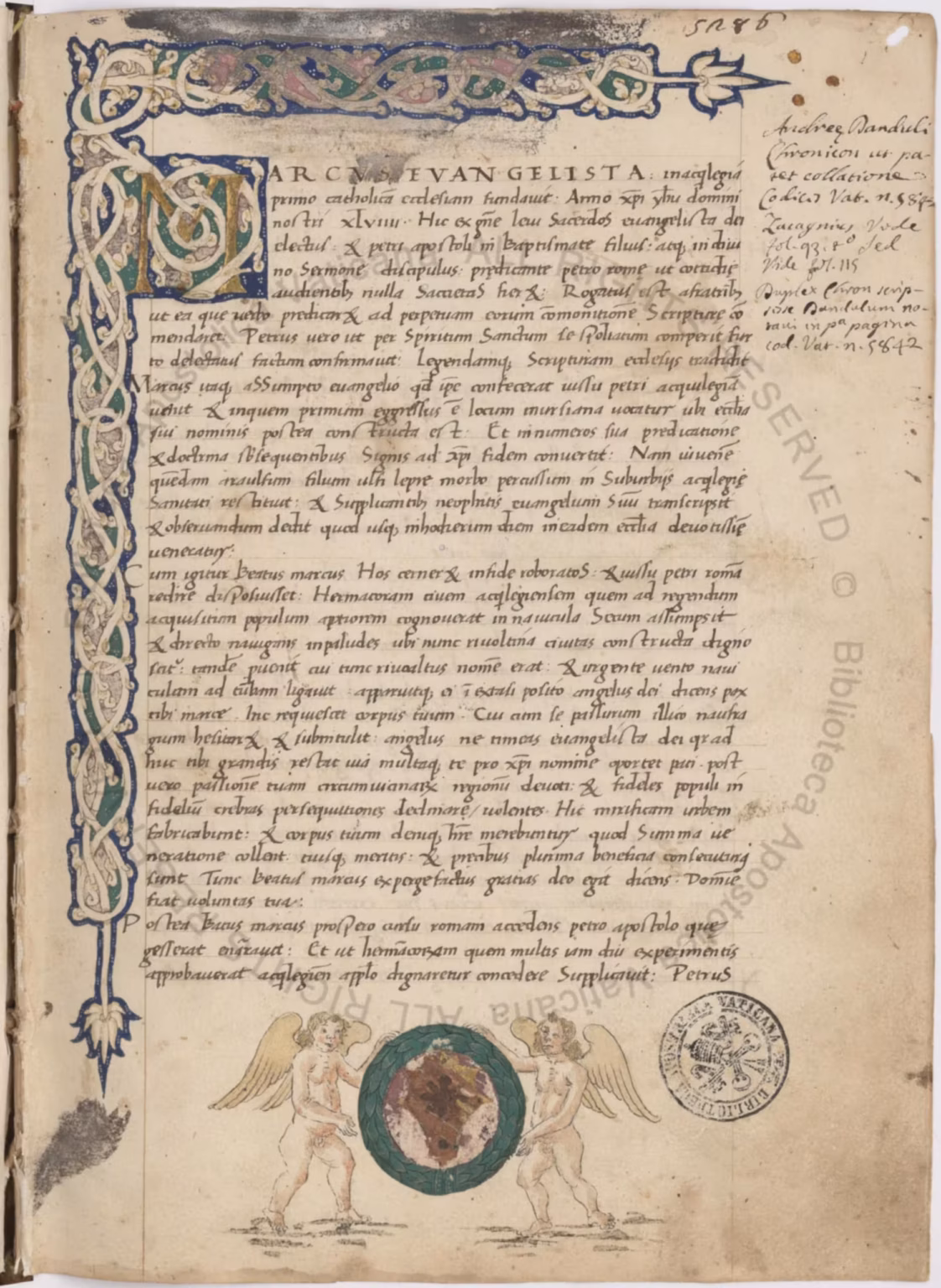 A richly decorated page from a late 1300s manuscript of the Chronicon Venetum, with a large ornamental F shape the size of the page.