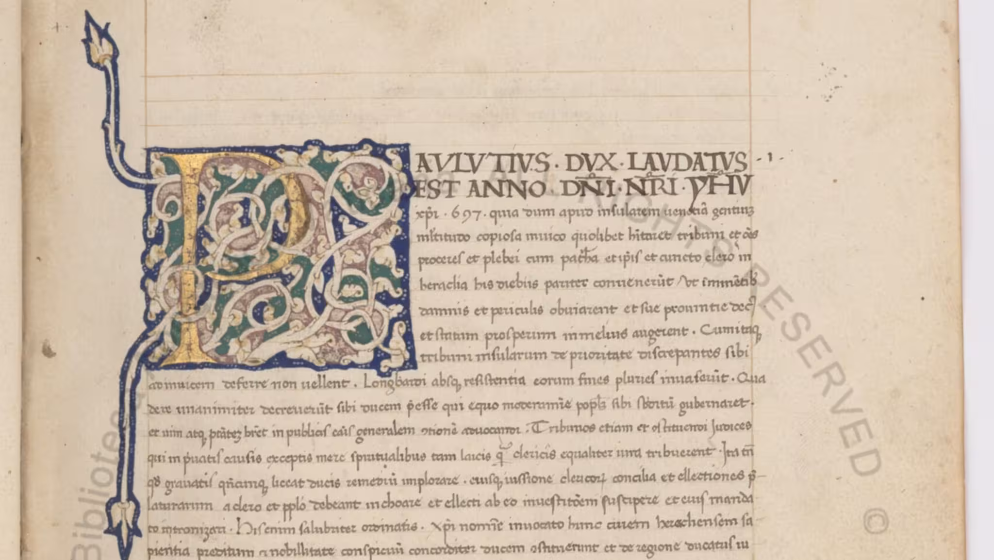 Part of a medieval manuscript with a very elaborate initial P.