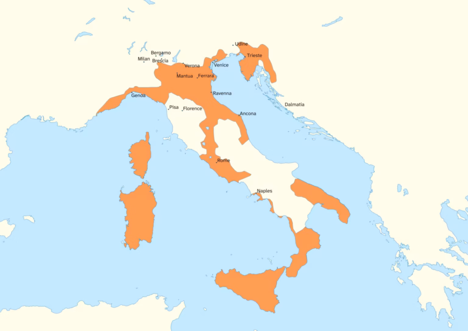A drawn map with the extent of the Exarchate around 600 marked in orange.