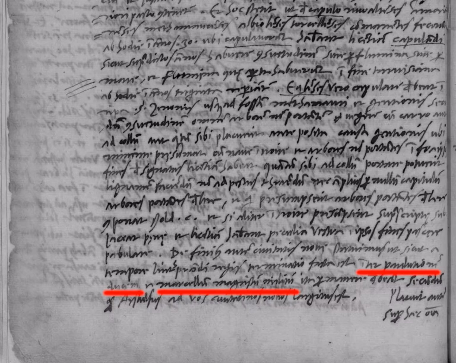 A black and white image of a medieval manuscript with the "Pactum Lotharii", and the names Paulicius and Marcellus underlined in red.