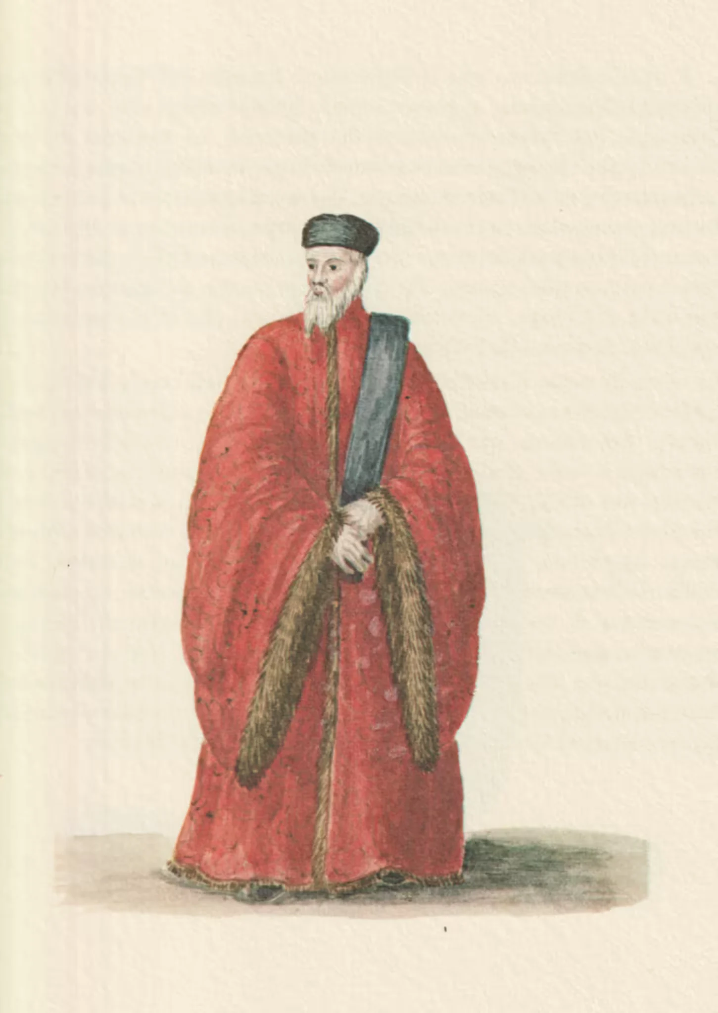 Watercolour of man dressed in a long red cloak, all the way to his feet, with very wide sleeves, and a black stole across his left shoulder.